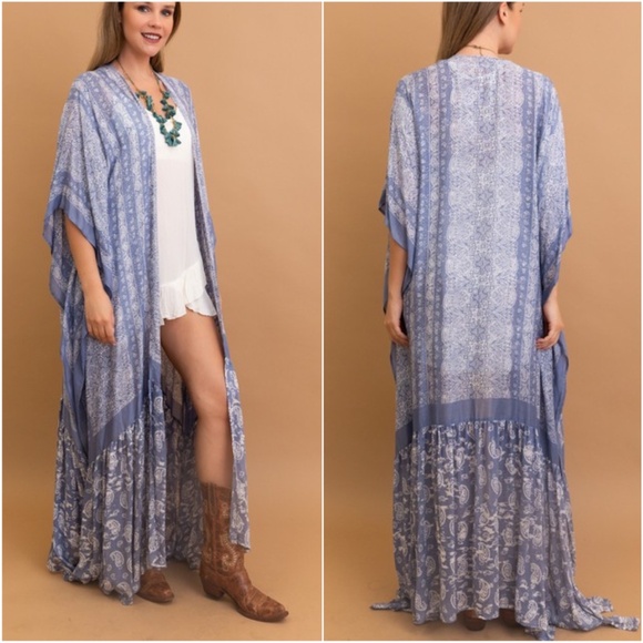 BellanBlue Tops - Boho Gypsy Denim Blue Paisley Ruffle Long Kimono Cover up